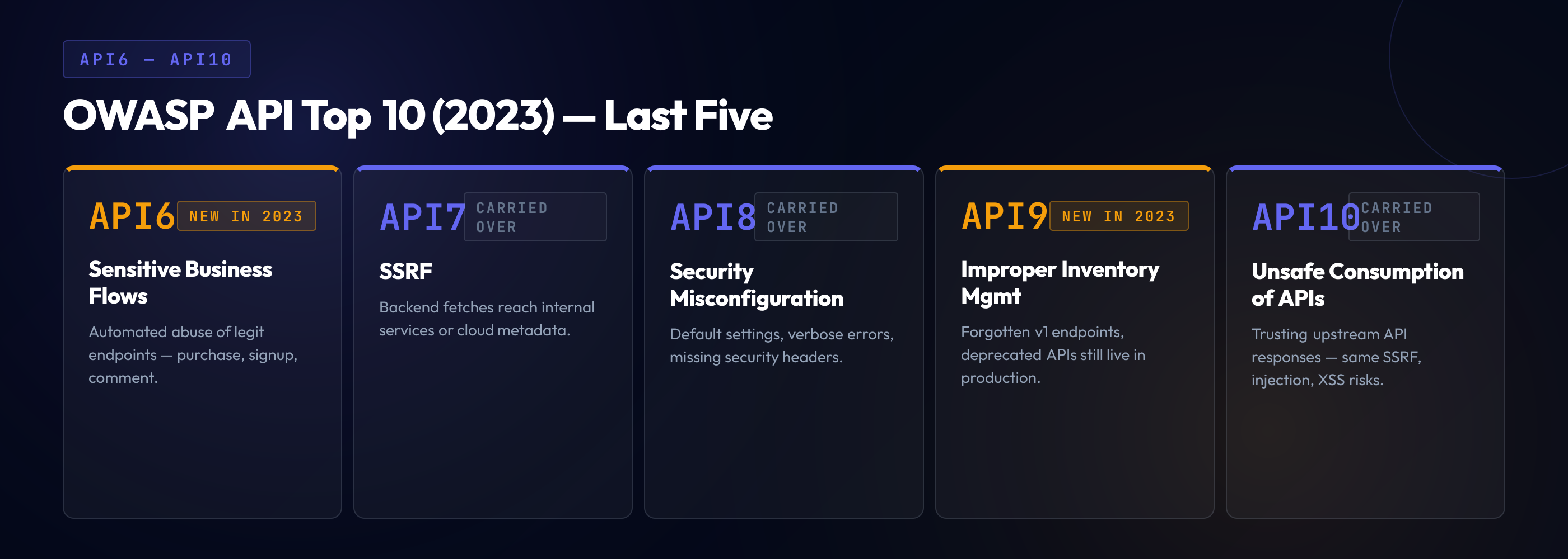 OWASP API Security Top 10 (2023) — last five categories: API6 Unrestricted Access to Sensitive Business Flows, API7 SSRF, API8 Security Misconfiguration, API9 Improper Inventory Management, API10 Unsafe Consumption of APIs.